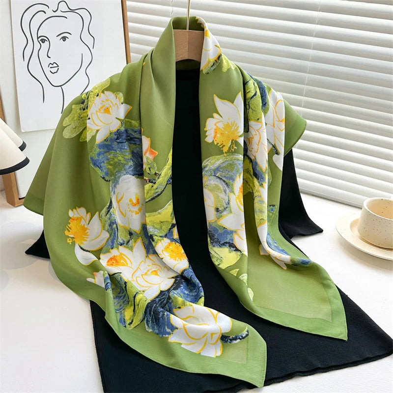 Silk Feel Scarf – Twill Square Wrap with Luxury Tree Print for Hair, Neck & Hijab