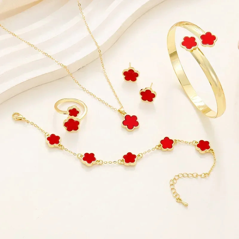 5-Piece Plum Blossom Jewelry Set – Elegant Floral Earrings, Ring, Bracelet & Necklace Gift Set
