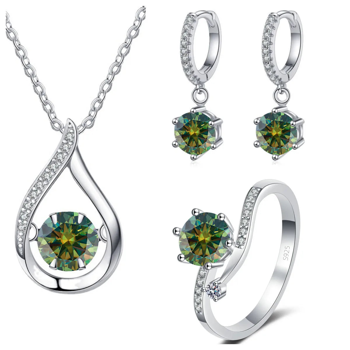 925 Silver Moissanite Jewelry Set – Solitaire Necklace, Ring & Stud Earrings for Men or Women