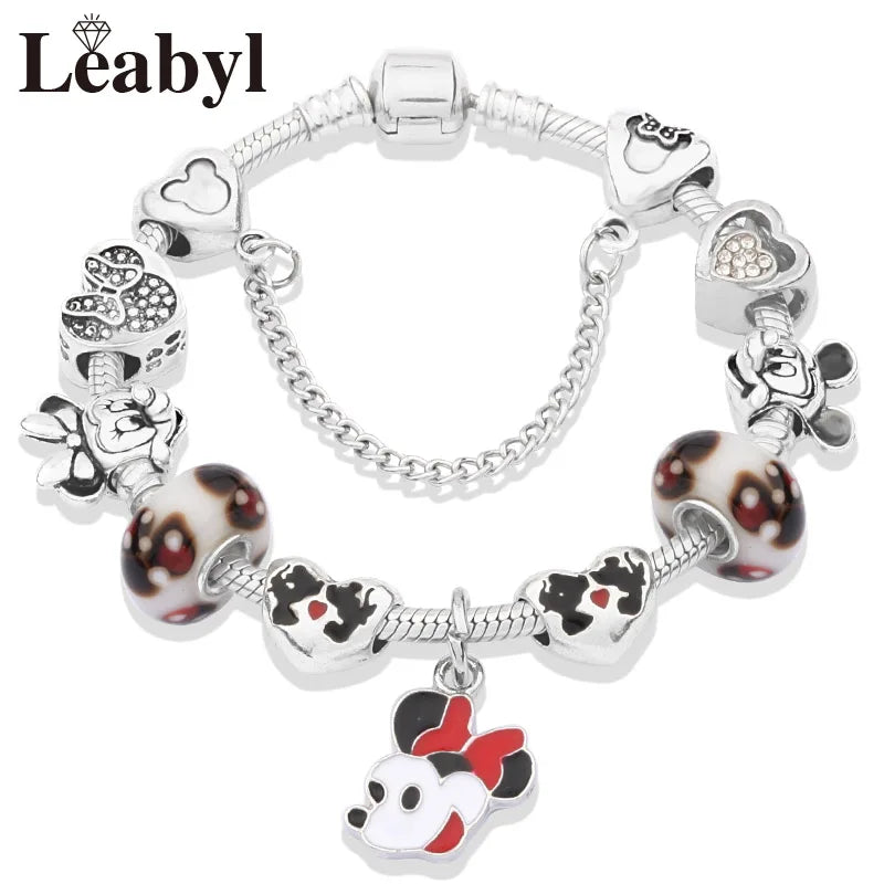 Disney Pink Crystal Charm Bracelet – Colorful Handmade Enamel Beads for Women
