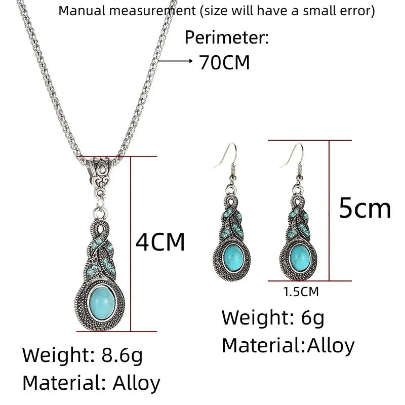 3-Piece Vintage Turquoise Jewelry Set – Blue Crystal Pendant Necklace & Matching Earrings for Men and Women