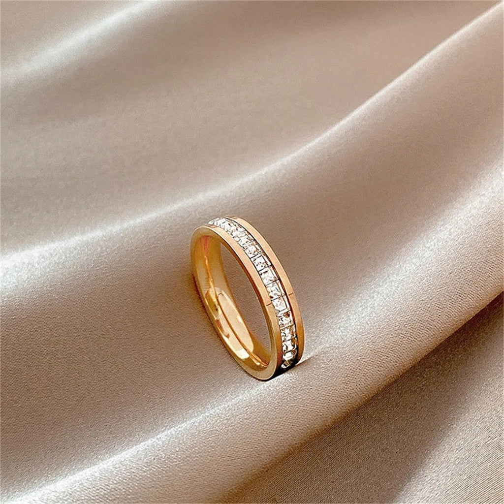 Rose Gold Double-Row Zircon Ring – Romantic Square-Cut Stainless Steel Band for Weddings & Parties