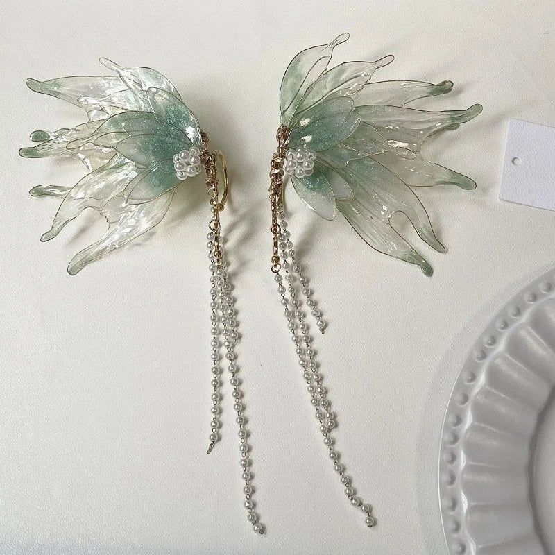 Butterfly & Mermaid Pearl Tassel Ear Cuffs – Elegant Non-Piercing Fairy-Style Earrings