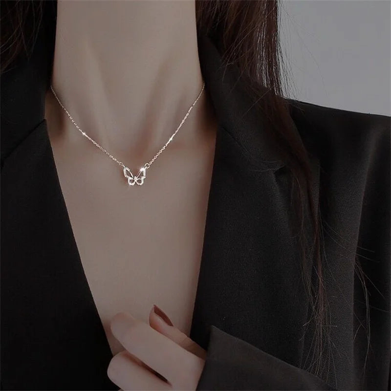 Hollow Crystal Butterfly Necklace – Elegant Classic Pendant for Women