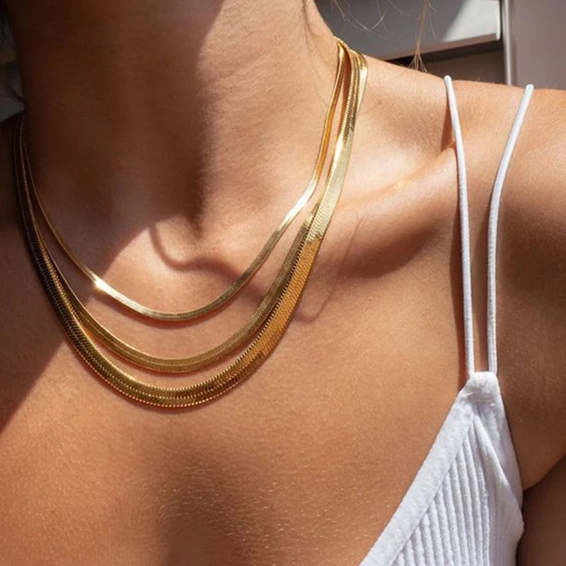 Flat Snake Chain Choker – Unisex Stainless Steel Herringbone Necklace in Gold or Silver