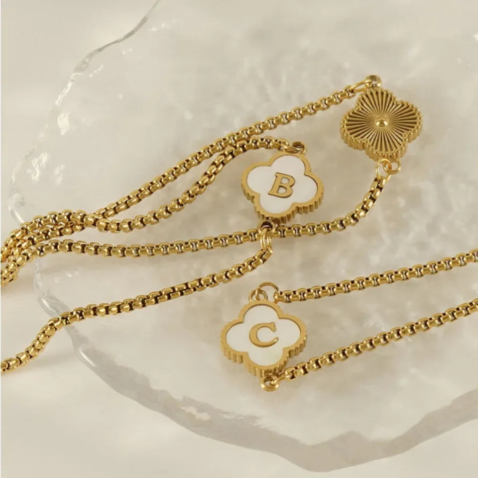 Mother of Pearl Initial Bracelet – A–Z Letter Clover Charm in Gold Stainless Steel