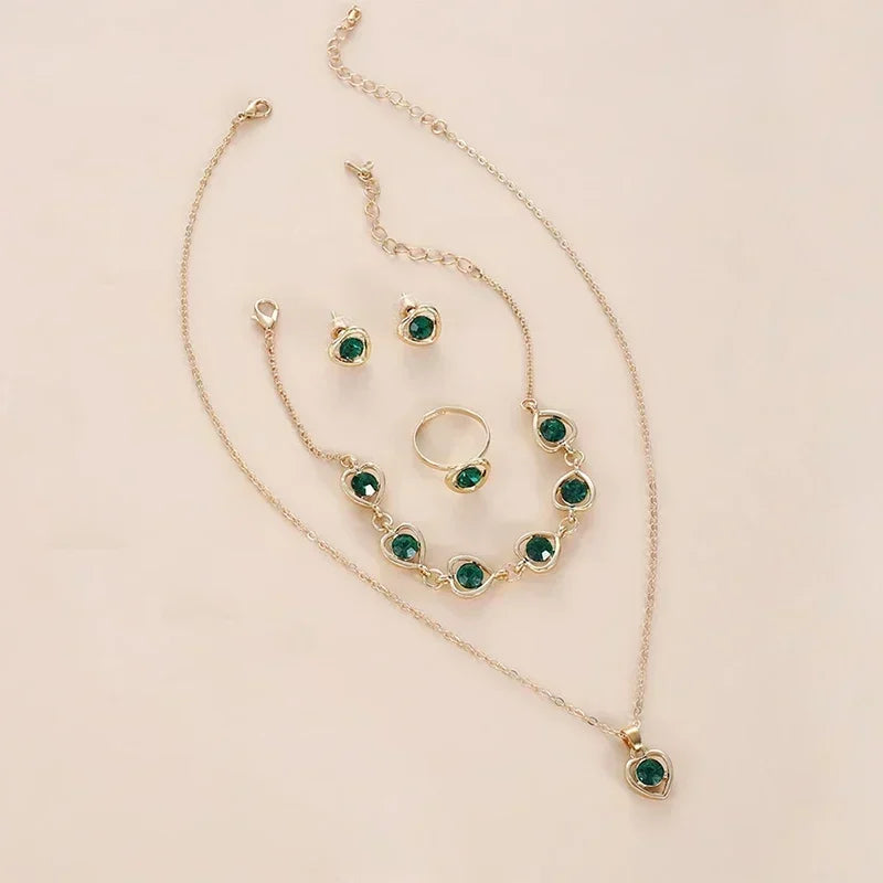 5-Piece Gold Heart Jewelry Set – Elegant Double Heart Necklace, Ring & Earrings with Rhinestones