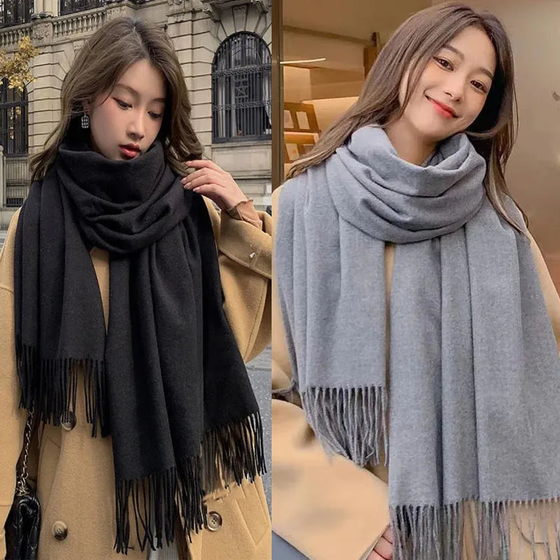 Black Cashmere Wool Scarf – Warm Checkered Winter Shawl for Women