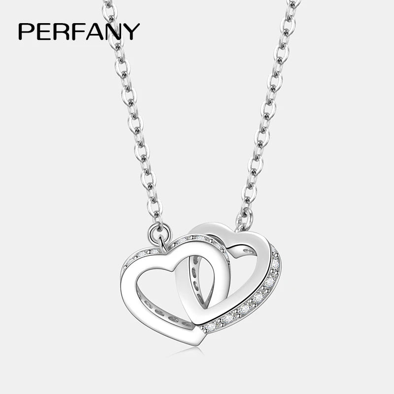 PERFANY Moissanite Double Heart Necklace – S925 Silver Luxury Lab-Diamond Pendant for Women