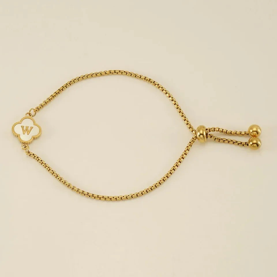 Mother of Pearl Initial Bracelet – A–Z Letter Clover Charm in Gold Stainless Steel