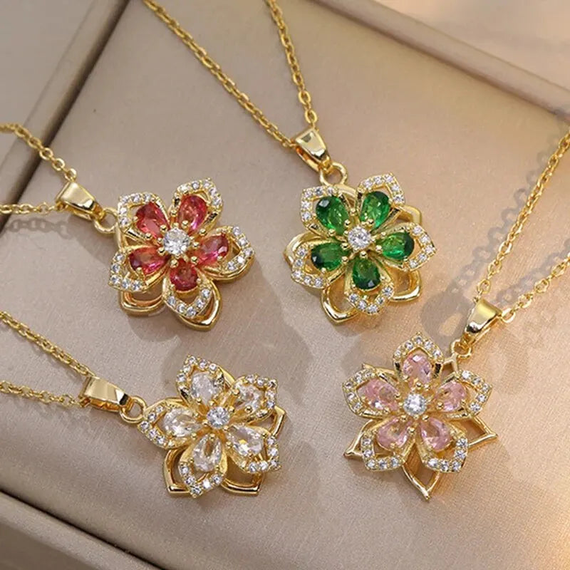 Spin Zircon Flower Necklace – Light Luxury Gold Pendant for Women, Perfect for Parties & Gifts