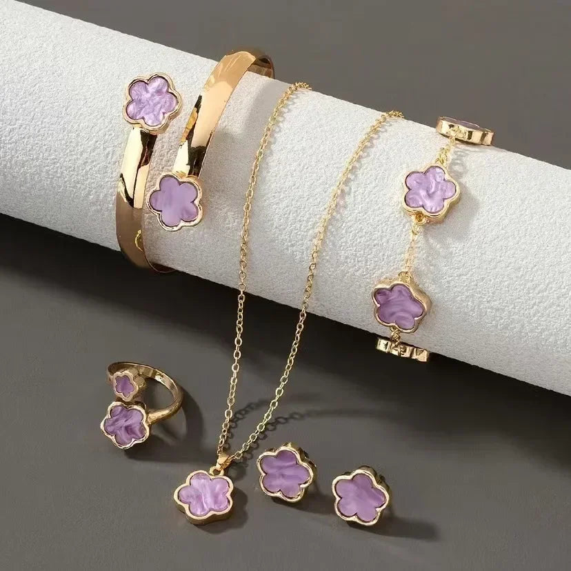 5-Piece Plum Blossom Jewelry Set – Elegant Floral Earrings, Ring, Bracelet & Necklace Gift Set
