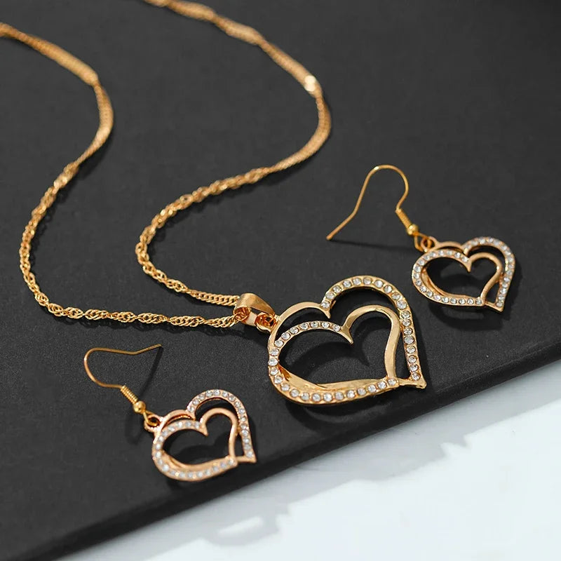 3-Piece Double Heart Jewelry Set – Rhinestone Necklace & Earrings for Women