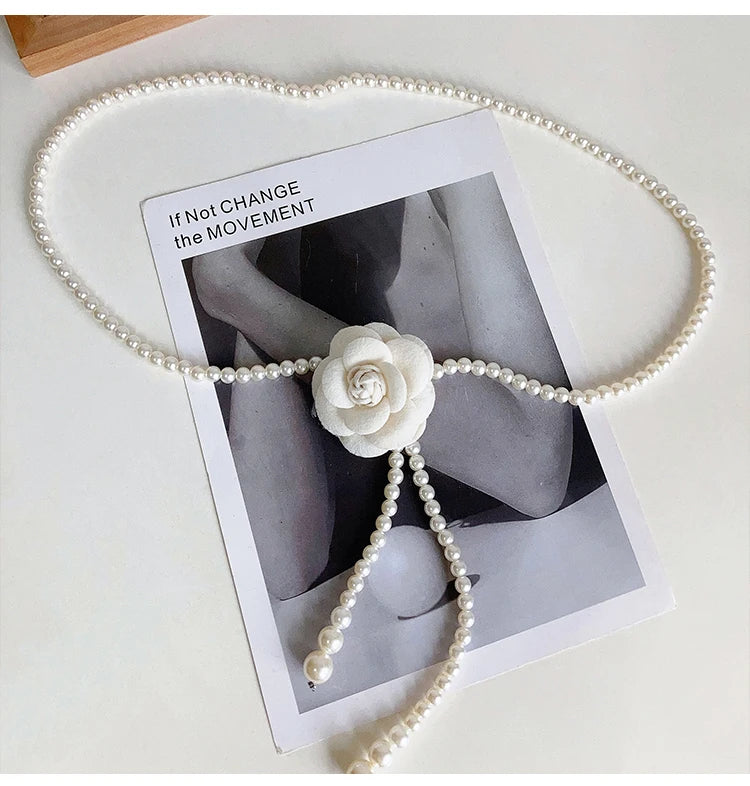 Pearl Camellia Waist Belt – Elegant Decorative Belt for Dresses, Coats & Jackets