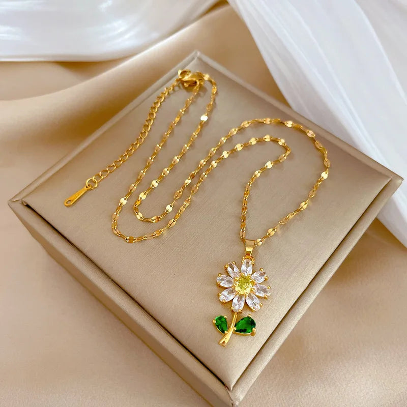 316L Stainless Steel Zircon Flower Necklace – Trendy Luxury Clavicle Pendant for Women & Girls