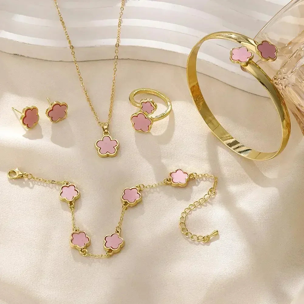 5-Piece Plum Blossom Jewelry Set – Elegant Floral Earrings, Ring, Bracelet & Necklace Gift Set