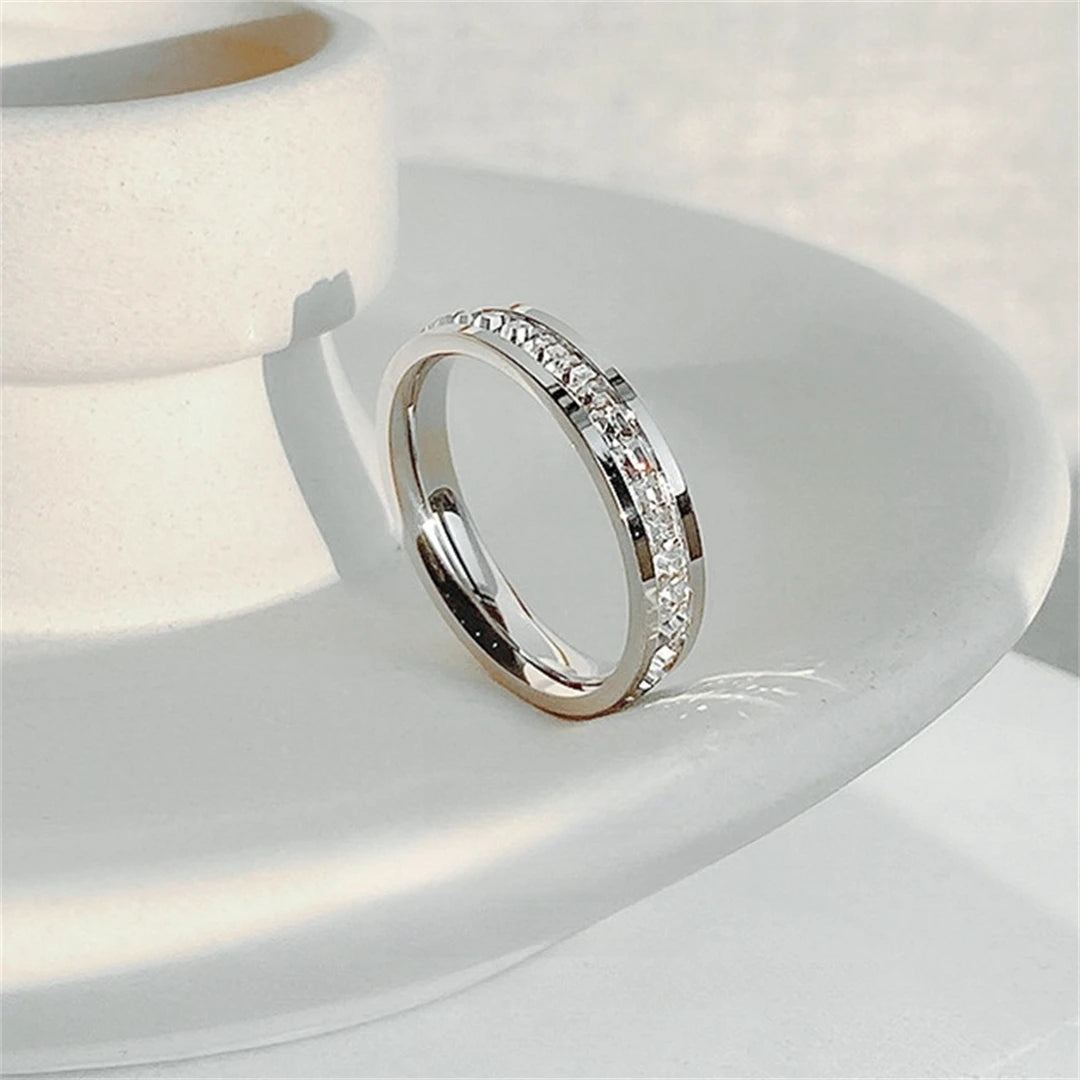 Rose Gold Double-Row Zircon Ring – Romantic Square-Cut Stainless Steel Band for Weddings & Parties