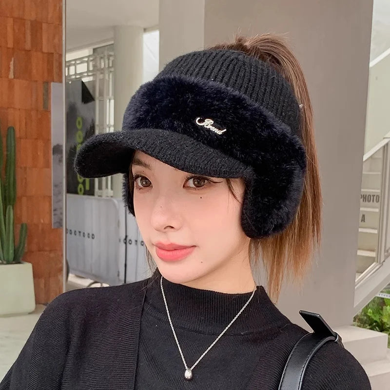 Winter Ear-Wing Knit Baseball Cap – Warm 2024 Windproof Ponytail Hat for Women