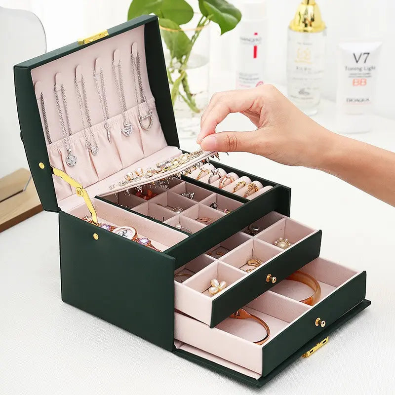 Three-Layer Leather Drawer Jewelry Box – Multi-Functional Storage with Lock for Earrings & Accessories