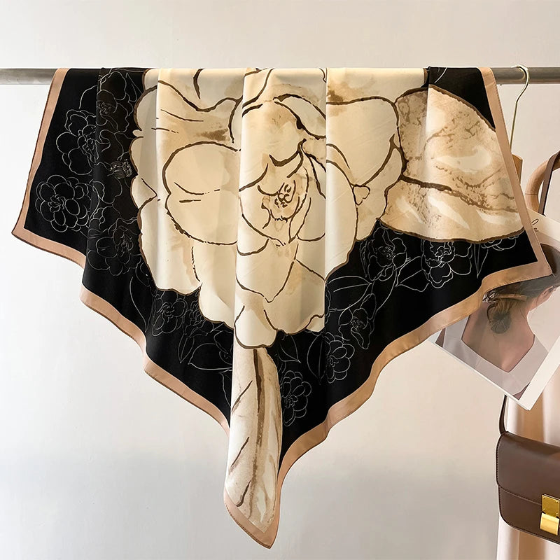 Silk Feel Scarf – Twill Square Wrap with Luxury Tree Print for Hair, Neck & Hijab