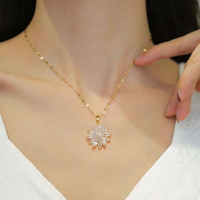 316L Stainless Steel Zircon Flower Necklace – Trendy Luxury Clavicle Pendant for Women & Girls