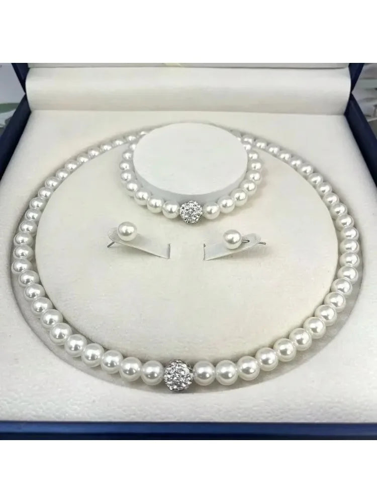 3-Piece Pearl Fireball Jewelry Set – Elegant Silver Necklace, Bracelet & Stud Earrings for Brides