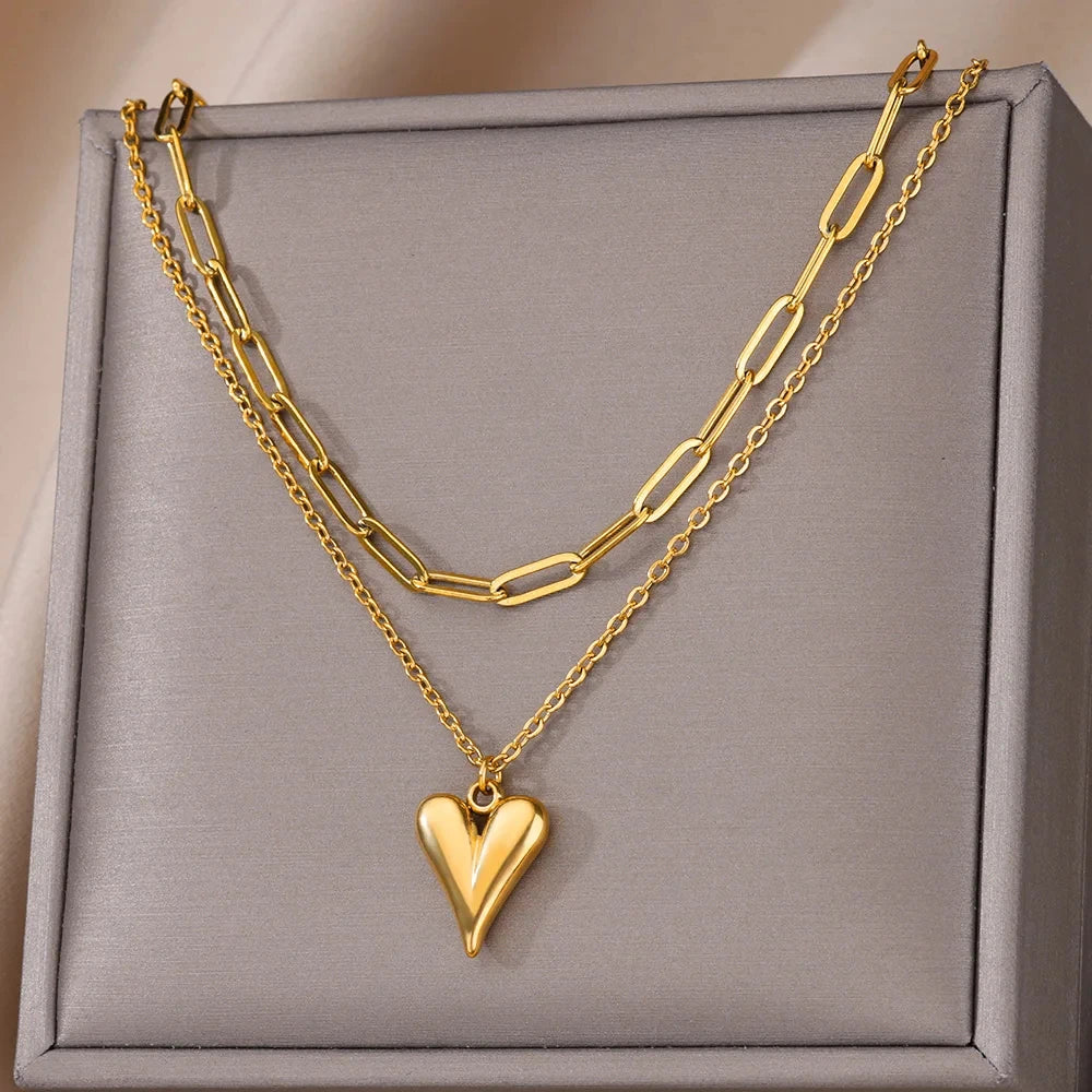 Punk Gold Heart Pendant Necklace – Stainless Steel OT Buckle Beaded Choker, Y2K Style