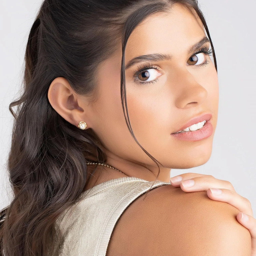 8 mm Freshwater Pearl Studs – Gold-Plated Caged Design, Elegant Wedding Gift for Women