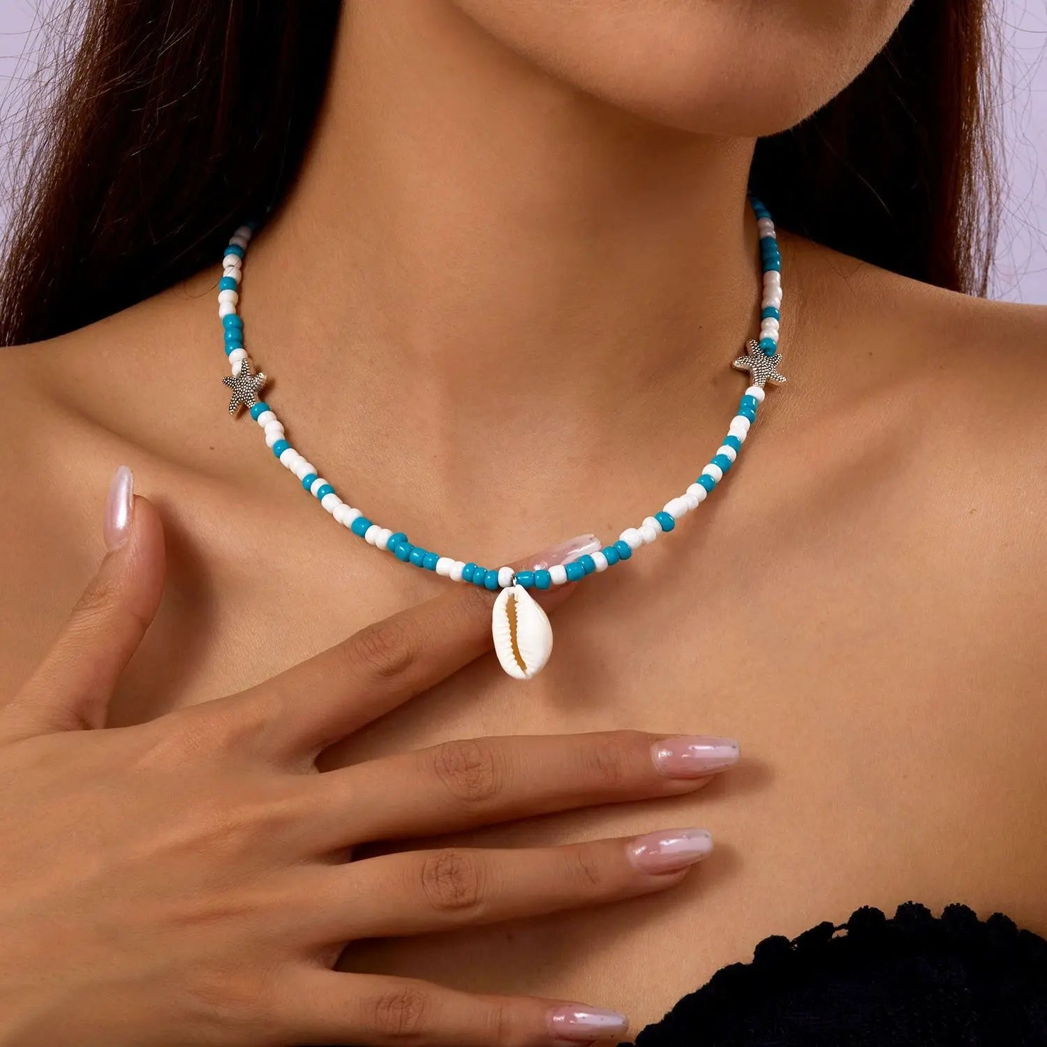 Bohemian Shell & Turquoise Choker – Handwoven Starfish Necklace for Summer Beach Style