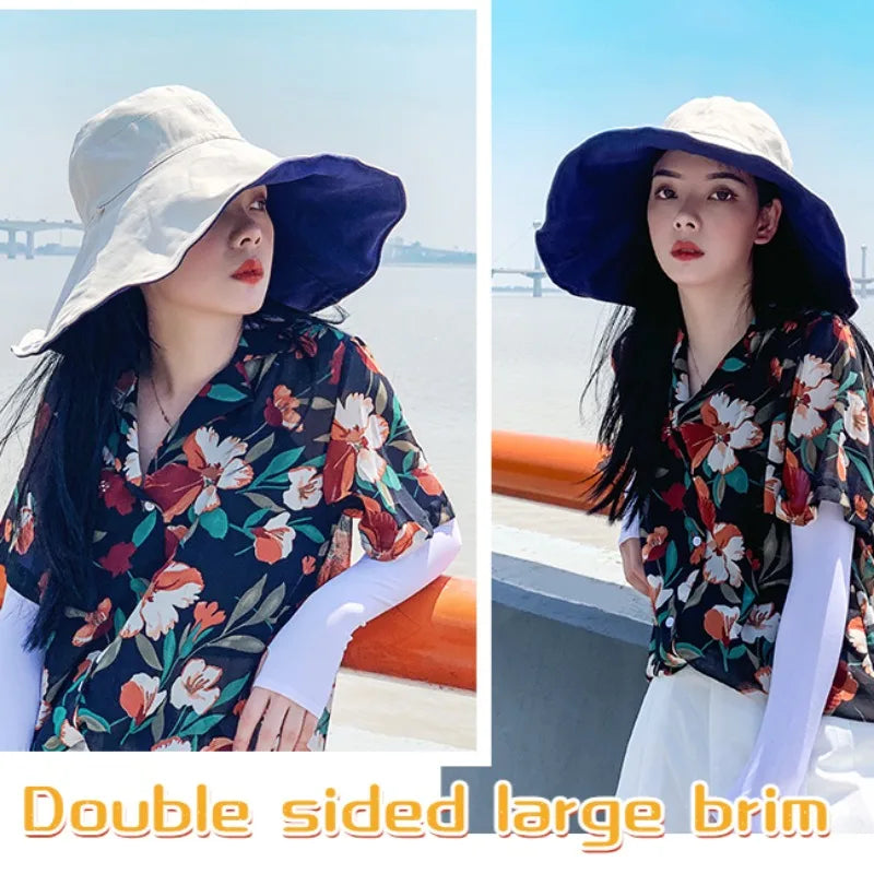 Wide Brim UPF 50+ Sun Hat – Double-Sided Anti-UV Beach & Hiking Cap for Women