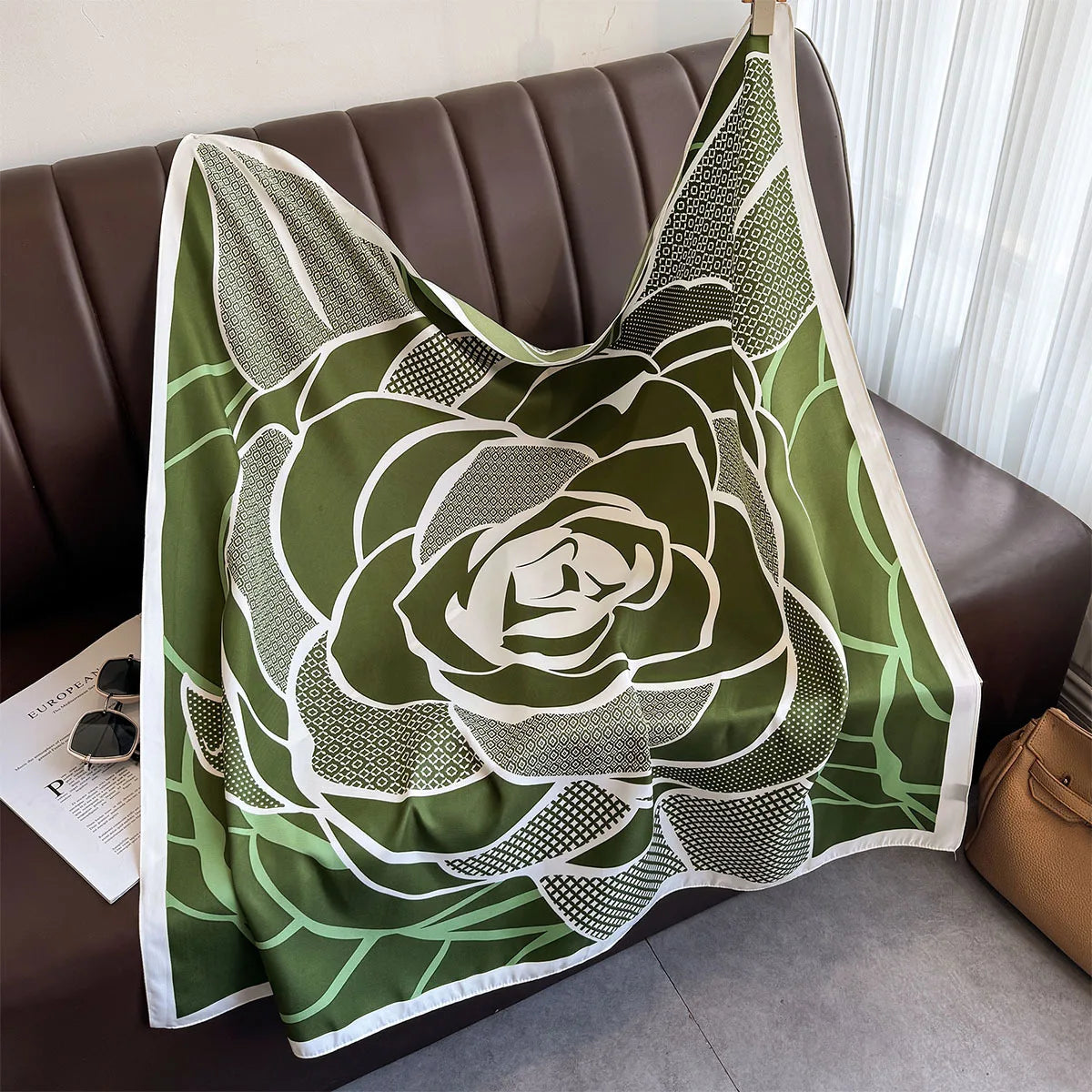 Silk Feel Scarf – Twill Square Wrap with Luxury Tree Print for Hair, Neck & Hijab