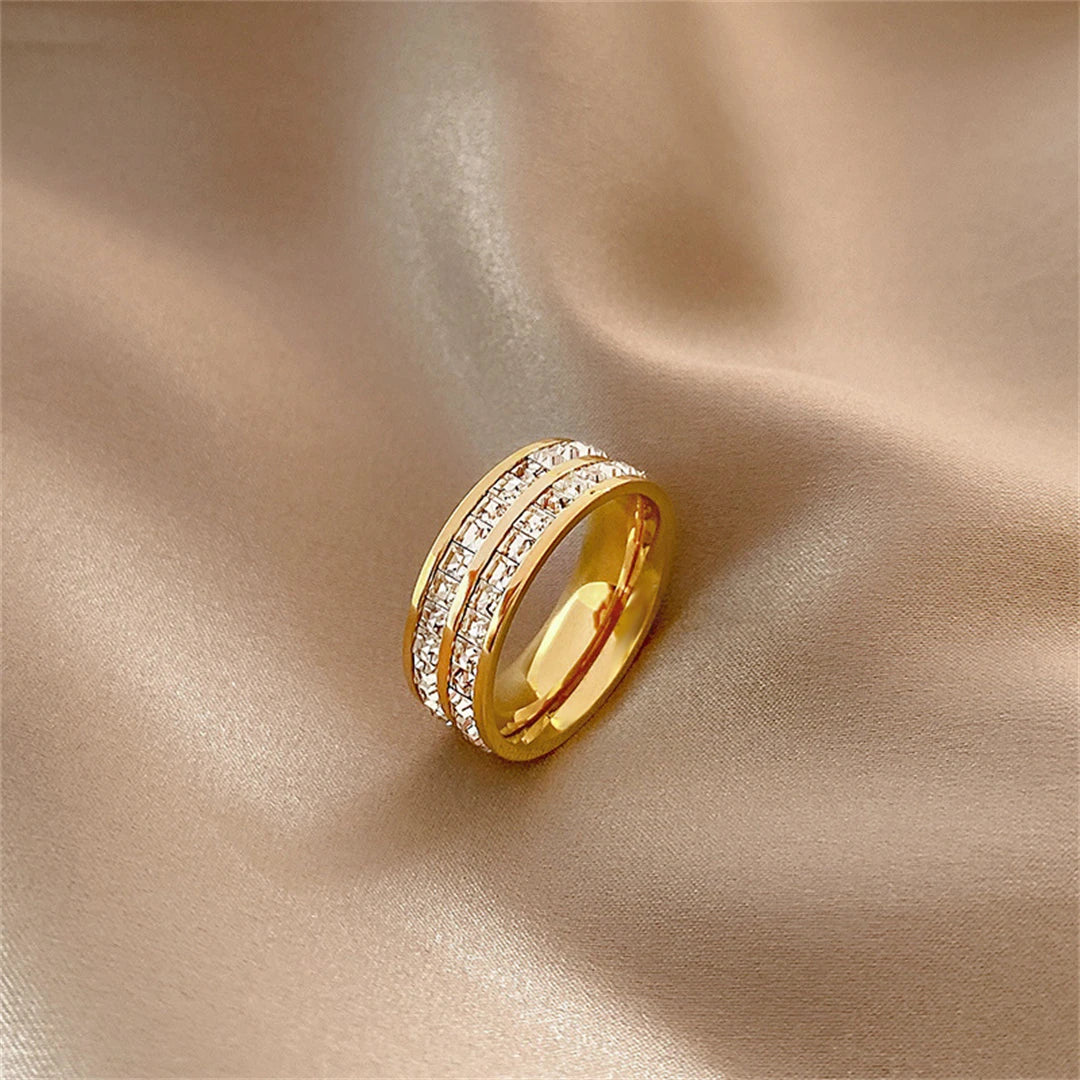 Rose Gold Double-Row Zircon Ring – Romantic Square-Cut Stainless Steel Band for Weddings & Parties