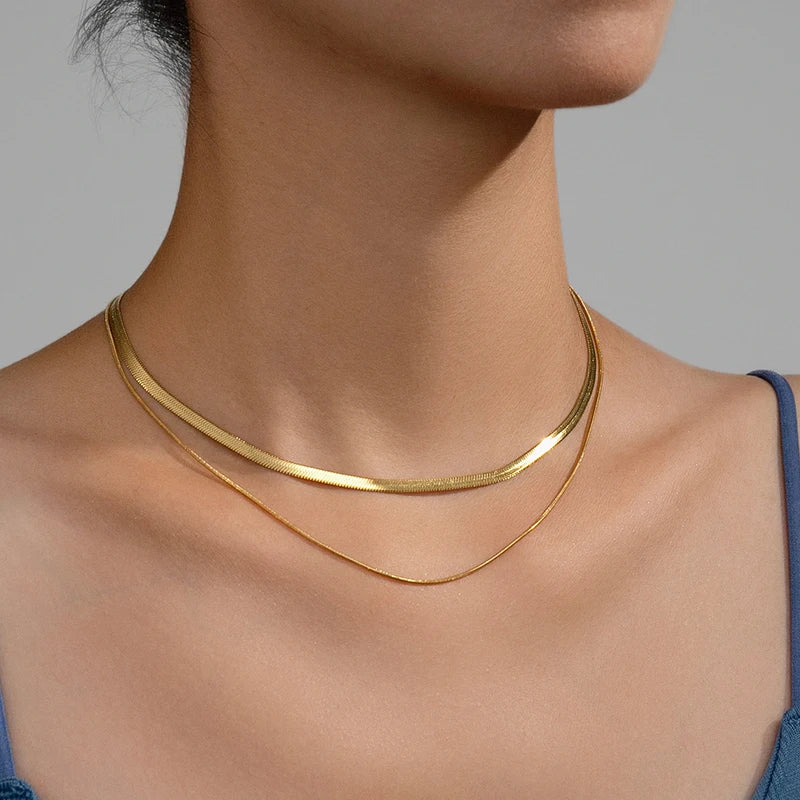Flat Snake Chain Choker – Unisex Stainless Steel Herringbone Necklace in Gold or Silver