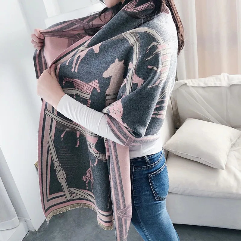 Luxury Cashmere Scarf – Thick Horse Print Winter Shawl for Women, Warm & Elegant Gift