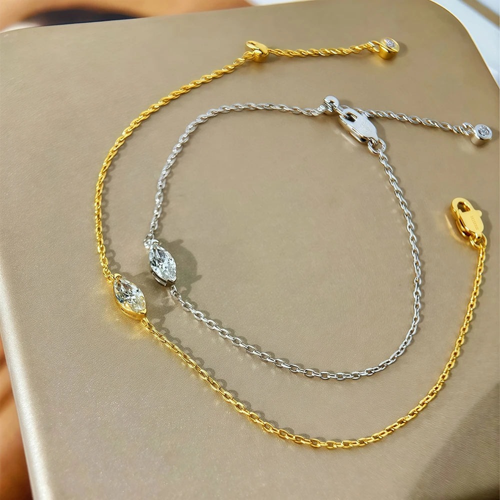 Solitaire Moissanite Bracelet – Pear, Marquise or Heart Cut in 18K-Plated S925 Silver with Certificate