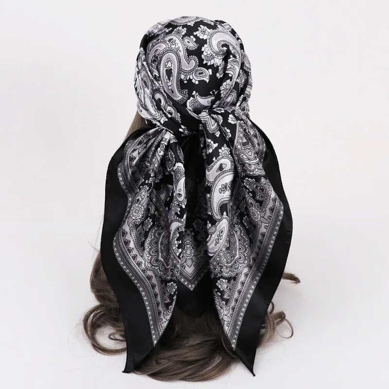 Black Cashew Print Scarf – Trendy Imitation Silk Headscarf for Spring & Summer