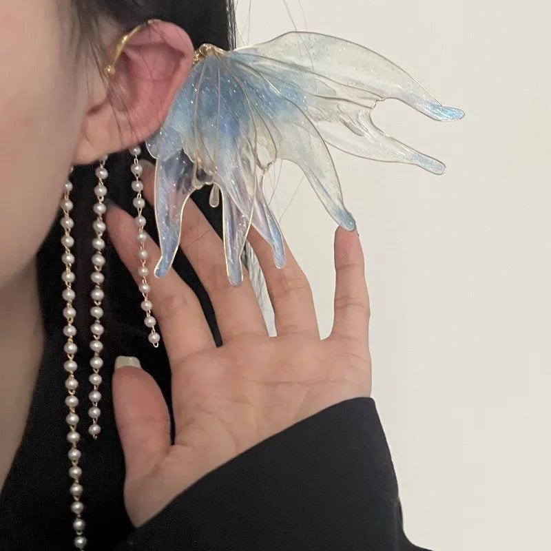 Butterfly & Mermaid Pearl Tassel Ear Cuffs – Elegant Non-Piercing Fairy-Style Earrings