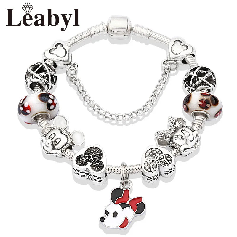 Disney Pink Crystal Charm Bracelet – Colorful Handmade Enamel Beads for Women