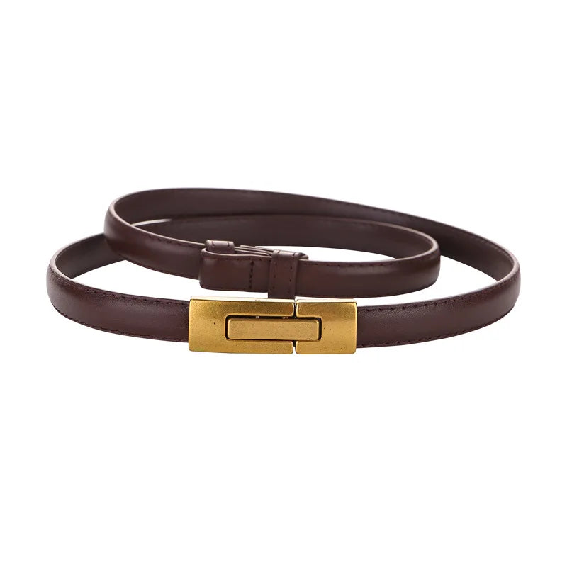 Skinny Genuine Leather Belt – Slim Adjustable Dress Waist Belt with Alloy Buckle