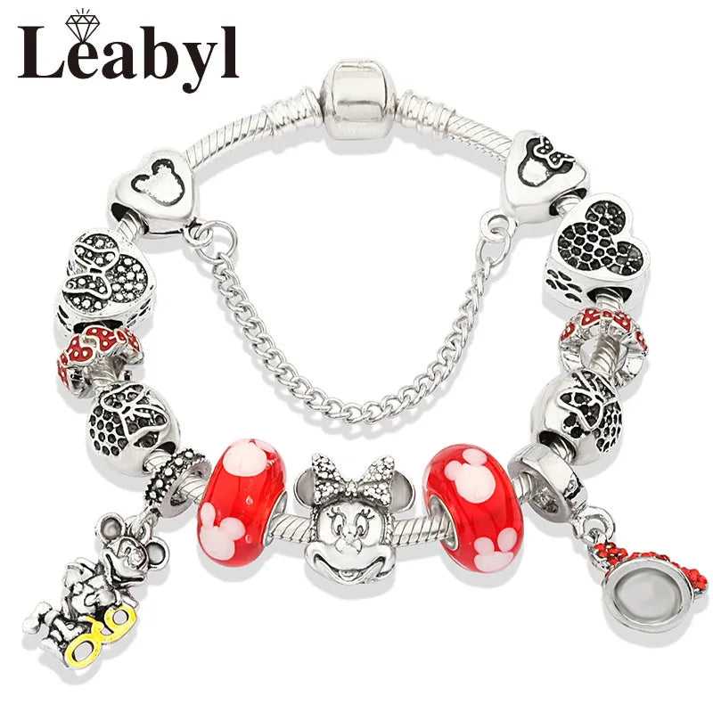 Disney Pink Crystal Charm Bracelet – Colorful Handmade Enamel Beads for Women