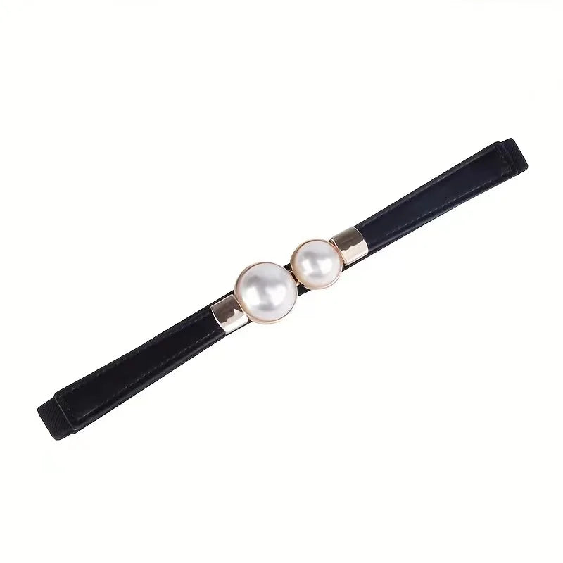 Double Pearl Buckle Elastic Belt – Elegant Thin Strap Waistband for Dresses & Skirts