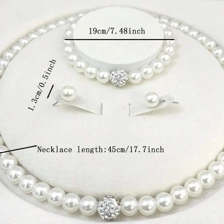 3-Piece Pearl Fireball Jewelry Set – Elegant Silver Necklace, Bracelet & Stud Earrings for Brides