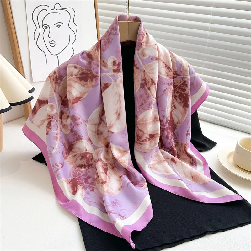 Silk Feel Scarf – Twill Square Wrap with Luxury Tree Print for Hair, Neck & Hijab