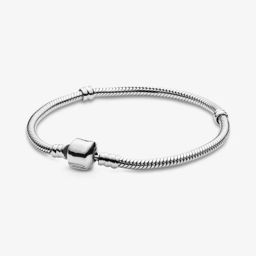 925 Sterling Silver Snake Chain Bracelet – Heart, Square or Round Clasp Charming Design for Women