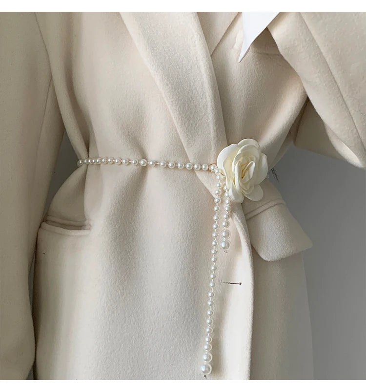 Pearl Camellia Waist Belt – Elegant Decorative Belt for Dresses, Coats & Jackets