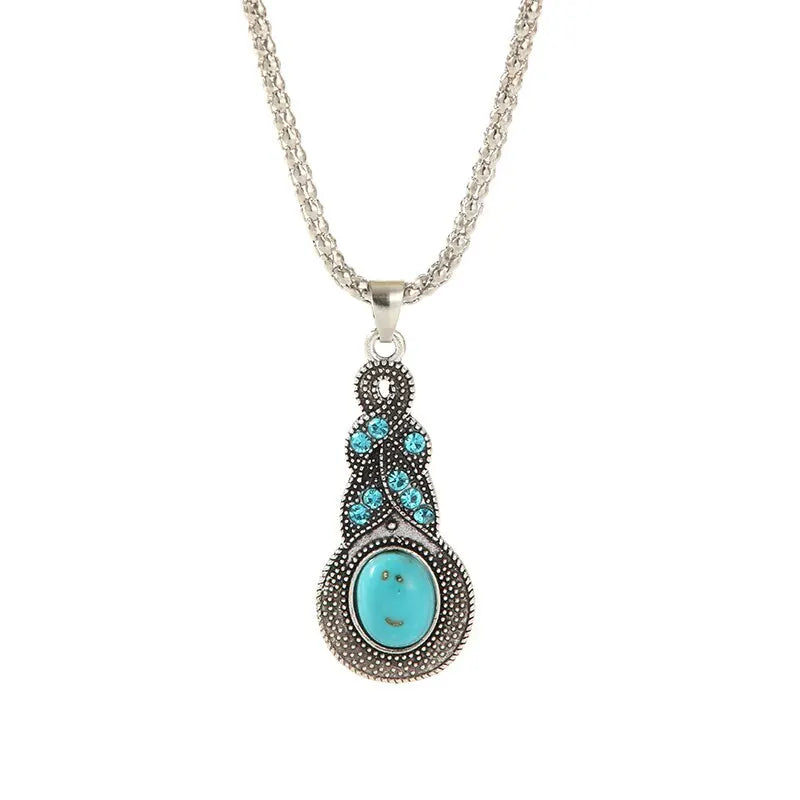 3-Piece Vintage Turquoise Jewelry Set – Blue Crystal Pendant Necklace & Matching Earrings for Men and Women