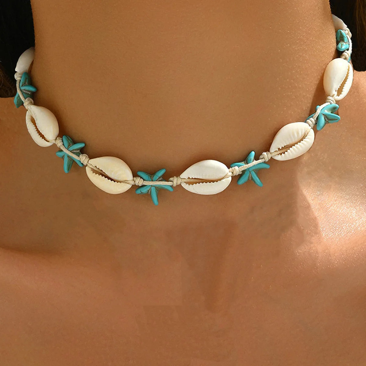 Bohemian Shell & Turquoise Choker – Handwoven Starfish Necklace for Summer Beach Style