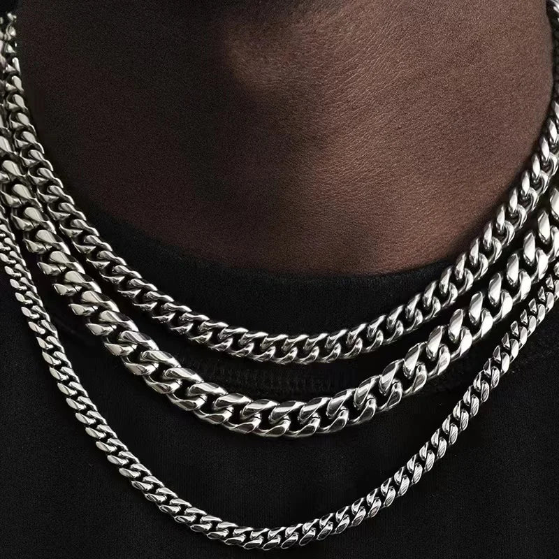 Punk Stainless Steel Cuban Chain – Solid 3/5/7 mm Link Necklace in Black or Gold for Men & Women