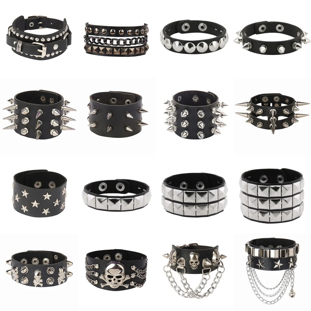 Punk Studded Leather Bracelet – Adjustable Gothic Rivet Cuff for Men & Women