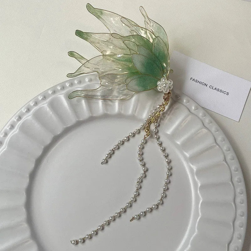 Butterfly & Mermaid Pearl Tassel Ear Cuffs – Elegant Non-Piercing Fairy-Style Earrings